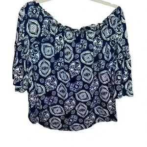 New Directions Weekend Women’s Blue Paisley Top Bell 3/4 Sleeves Size M